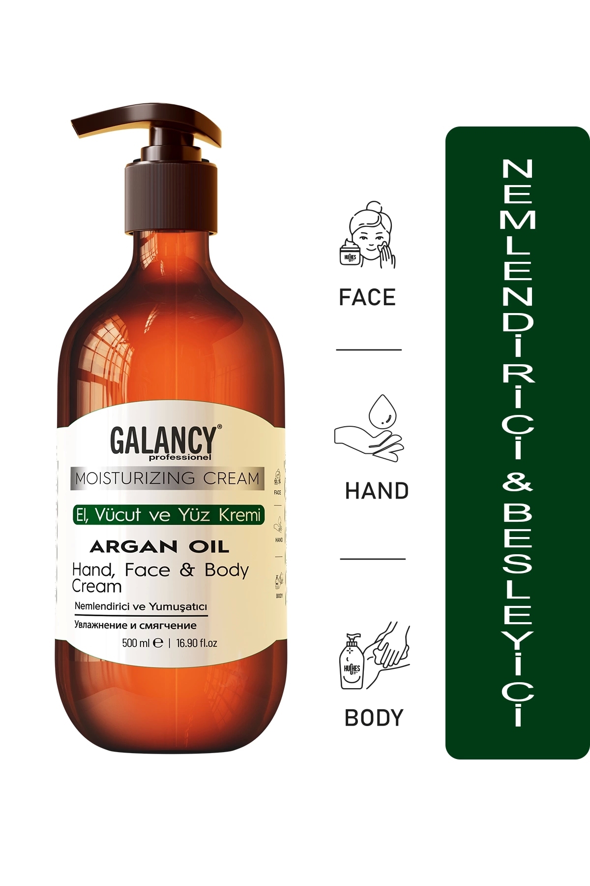 Doğal Argan Yağlı Nemlendirici El, Yüz ve Vücut Kremi 500ml